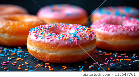 Multi-colored donuts, delicious snack - AI generated image 113547761