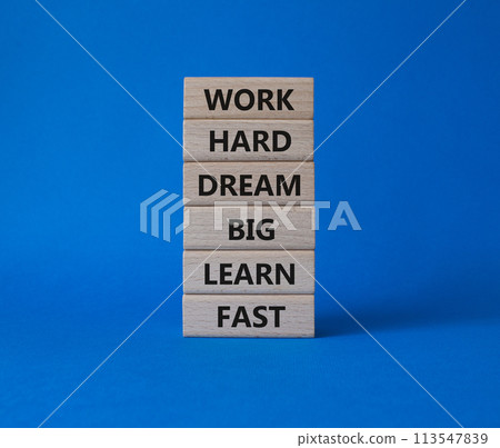 Work hard Dream big Learn fast symbol. Wooden blocks with words Work hard Dream big Learn fast. Beautiful blue background. Business and Work hard Dream big Learn fast. Copy space. Work hard Dream big Learn fast symbol. Wooden blocks with words Work hard Dream big Learn fast. Beautiful blue background. Business and Work hard Dream big Learn fast. Copy space. 113547839