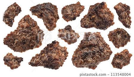Fried ground beef, grilled mince beef meat isolated on white background, full depth of field 113548004