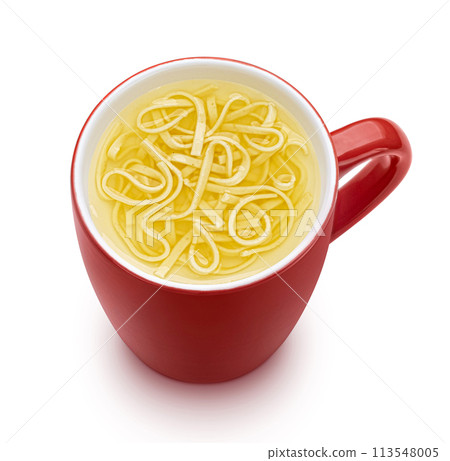 Instant noodle soup in red cup isolated on white background, top view Instant noodle soup in red cup isolated on white background, top view 113548005