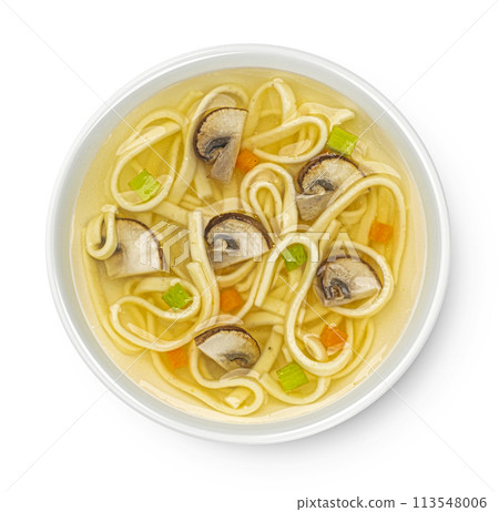 Instant noodle soup with mushrooms in bowl isolated on white background, top view, package design element Instant noodle soup with mushrooms in bowl isolated on white background, top view, package design element 113548006