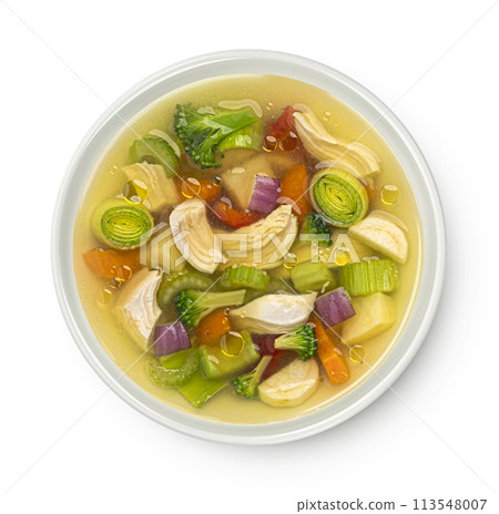 Chicken soup with vegetables isolated on white background, top view, package design element Chicken soup with vegetables isolated on white background, top view, package design element 113548007