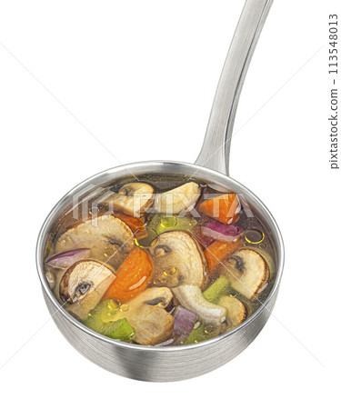 Ladle with mushroom soup, champignon broth isolated on white background, full depth of field, package design element 113548013