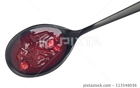 Borscht in black spoon, beetroot soup isolated on white background, top view 113548036