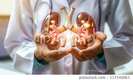 Chronic kidney disease, doctor with model for treatment urinary system, urology, Estimated glomerular filtration rate eGFR. 113548061