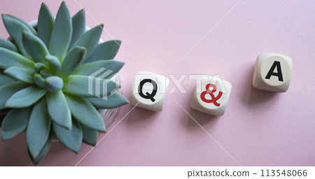 Q and A - Question and Answer. Wooden cubes with words Q and A. Beautiful pink background with succulent plant. Business and Q and A concept. Copy space. 113548066