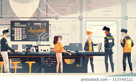 Group of business people sitting in conference room and talking. Vector illustration. 113548122