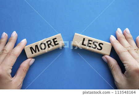 More or Less symbol. Concept word More or Less on wooden blocks. Businessman hand. Beautiful blue background. Business and More or Less concept. Copy space More or Less symbol. Concept word More or Less on wooden blocks. Businessman hand. Beautiful blue background. Business and More or Less concept. Copy space 113548164