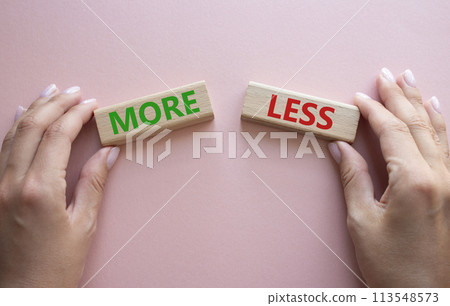 More or Less symbol. Concept word More or Less on wooden blocks. Businessman hand. Beautiful pink background. Business and More or Less concept. Copy space 113548573