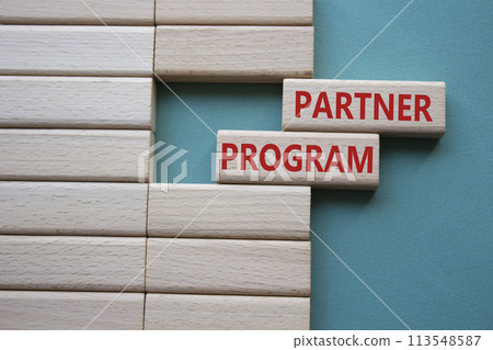 Partner Program symbol. Wooden blocks with words Partner Program. Beautiful grey green background. Business and Partner Program concept. Copy space. 113548587