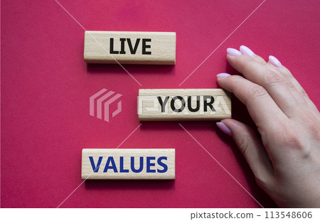 Live your values symbol. Concept words Live your values on wooden blocks. Beautiful red background. Businessman hand. Business and Live your values concept. Copy space. 113548606