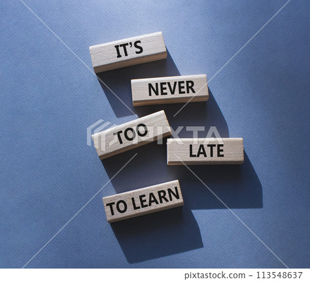 It is Never to Late to Learn symbol. Wooden blocks with words It is Never to Late to Learn. Beautiful grey background. Business and It is Never to Late to Learn. Copy space. 113548637