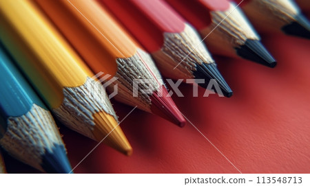 Row of Colored Pencils on Red Surface 113548713