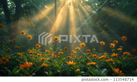 Sunlight Filtering Through Trees Onto Field of Flowers Sunlight Filtering Through Trees Onto Field of Flowers 113548714