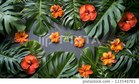 Group of Orange Flowers Surrounded by Green Leaves 113548761