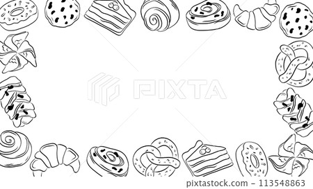 Card template with hand drawn outline pastry bakery on white background. Vector illustration 113548863
