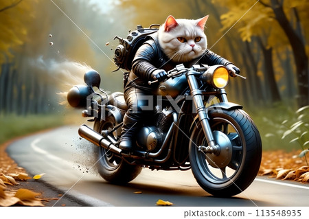 cat biker on a motorcycle rides down the road cat biker on a motorcycle rides down the road 113548935