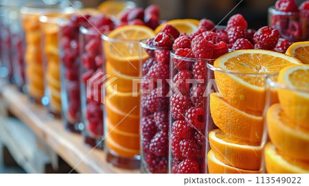 Oranges, Raspberries, and Orange Slices Arranged in Cups Oranges, Raspberries, and Orange Slices Arranged in Cups 113549022