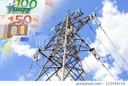 Euro banknotes on the background of a high-voltage power line Euro banknotes on the background of a high-voltage power line 113549158
