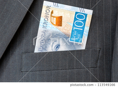 One hundred Swedish krona banknote sticking out of the pocket One hundred Swedish krona banknote sticking out of the pocket 113549166