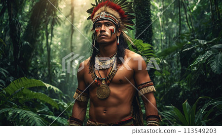 Portrait of native tribe warrior in rainforest, generative ai 113549203