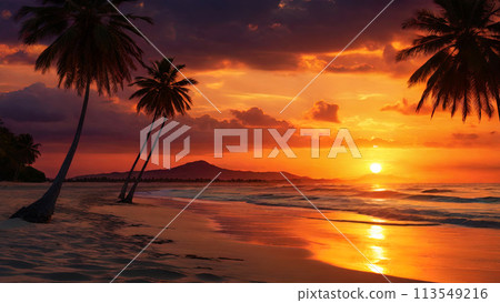 Tropical seaside paradise, palm trees and sandy beach at tourist resort in sunset 113549216