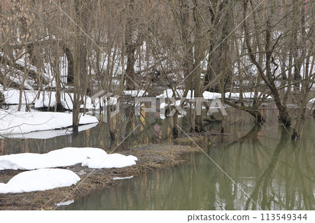 Muddy stream of water in the river. Bushes and trees are covered with snow. Early spring 113549344