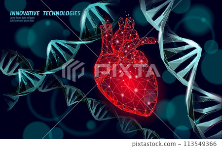 Human heart surrounded by DNA molecules in electric blue color, gene therapy medicine doctor technology. Modern health care app center medical online help. Vector illustration Human heart surrounded by DNA molecules in electric blue color, gene therapy medicine doctor technology. Modern health care app center medical online help. Vector illustration 113549366