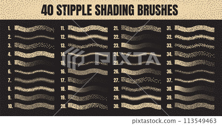 Stipple scatter brush, ink drawing and texturing. Fading gradient. Stippling, dotwork drawing, shading using dots. Halftone disintegration effect. White noise grainy texture. Vector illustration 113549463