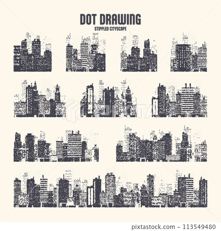 Stippled city silhouettes. Cityscape, town skyline. Midtown, downtown with buildings, houses and skyscrapers. Stippling, dot drawing and shading, stipple pattern, halftone effect. Vector illustration Stippled city silhouettes. Cityscape, town skyline. Midtown, downtown with buildings, houses and skyscrapers. Stippling, dot drawing and shading, stipple pattern, halftone effect. Vector illustration 113549480