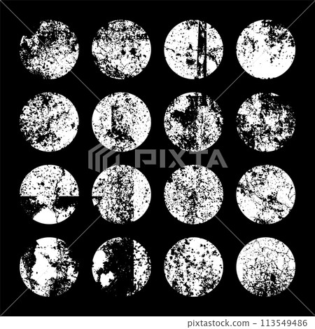 Grunge circles with stains and scratches. Circle brush stroke, round shape design element. Distressed dirty text frame, border, sticker or label. Paintbrush, ink stains. Vector illustration Grunge circles with stains and scratches. Circle brush stroke, round shape design element. Distressed dirty text frame, border, sticker or label. Paintbrush, ink stains. Vector illustration 113549486