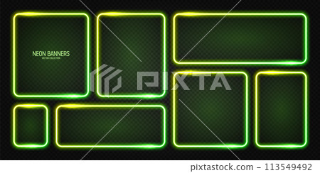 Glowing neon banners, illuminated colorful square frames. Shiny vibrant border, glow effect. Green vintage retro lights, night illumination. Modern futuristic UI design elements. Vector illustration Glowing neon banners, illuminated colorful square frames. Shiny vibrant border, glow effect. Green vintage retro lights, night illumination. Modern futuristic UI design elements. Vector illustration 113549492