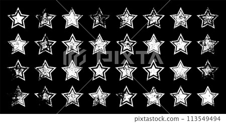 Vintage stars with cracks and stains. Old hand-drawn sign, white simple shape. Retro design element with distressed effect, grunge texture. Vector illustration Vintage stars with cracks and stains. Old hand-drawn sign, white simple shape. Retro design element with distressed effect, grunge texture. Vector illustration 113549494
