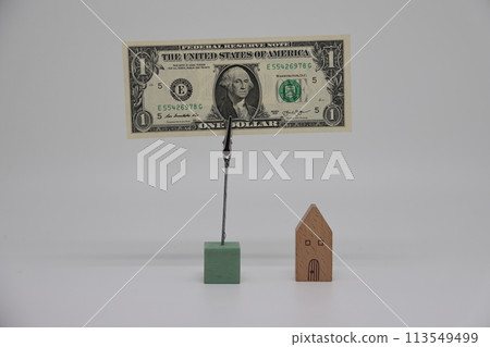 The toy house stands next to the banknote on the stand. Accurate financial calculation The toy house stands next to the banknote on the stand. Accurate financial calculation 113549499