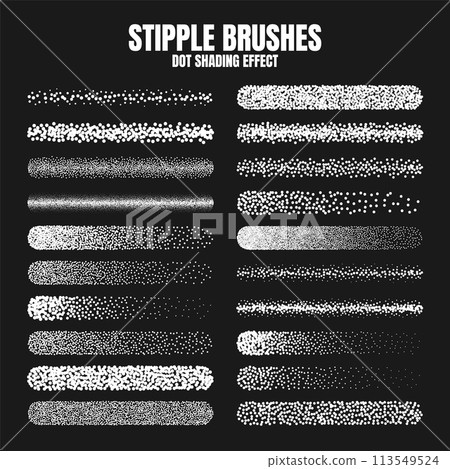 Stipple scatter brush, ink drawing and texturing. Fading gradient. Stippling, dotwork drawing, shading using dots. Halftone disintegration effect. White noise grainy texture. Vector illustration Stipple scatter brush, ink drawing and texturing. Fading gradient. Stippling, dotwork drawing, shading using dots. Halftone disintegration effect. White noise grainy texture. Vector illustration 113549524