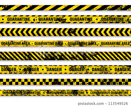 Old grunge quarantine zone warning tape. Novel coronavirus outbreak. Global lockdown. Yellow coronavirus danger stripe. Police caution line, restricted area. Construction tape. Vector illustration 113549526