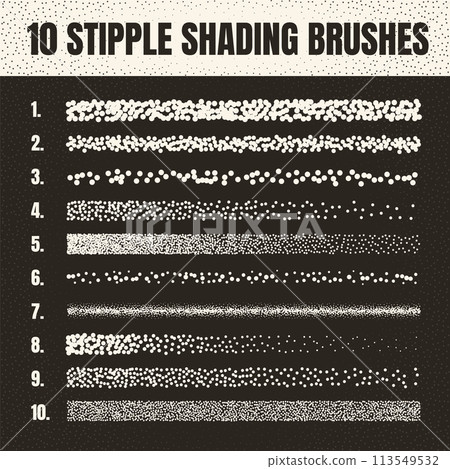Stipple scatter brush, ink drawing and texturing. Fading gradient. Stippling, dotwork drawing, shading using dots. Halftone disintegration effect. White noise grainy texture. Vector illustration 113549532