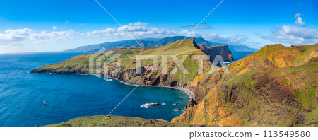 Ponta de Sao Lourenco Madeira Portugal. Scenic mountain view of green landscape, cliffs and Atlantic Ocean. Hiking active day, travel background 113549580
