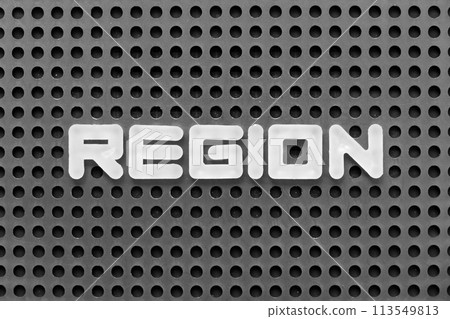 White alphabet letter in word region on black pegboard background 113549813