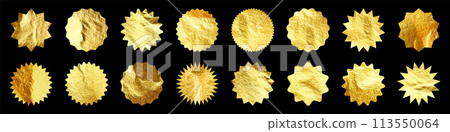 Golden stars, sunburst symbols. Shiny gold foil. Vintage sunbeam symbols. Shopping labels, sale or discount sticker, quality mark. Special offer price tag, promotional badge. Vector illustration 113550064
