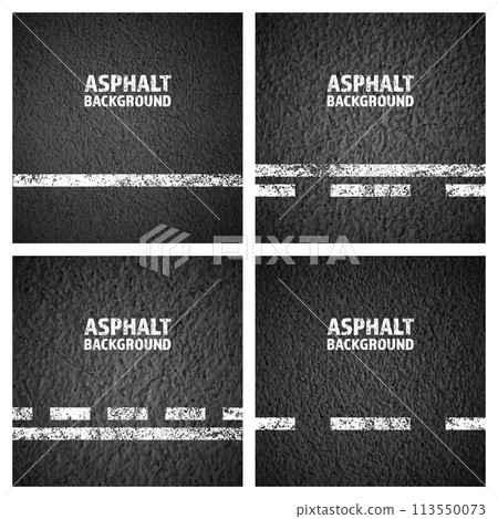 Asphalt road with white cracked lane marking, concrete highway surface, texture. Street traffic line, road dividing strip. Pattern with grainy structure, grunge stone background. Vector illustration 113550073