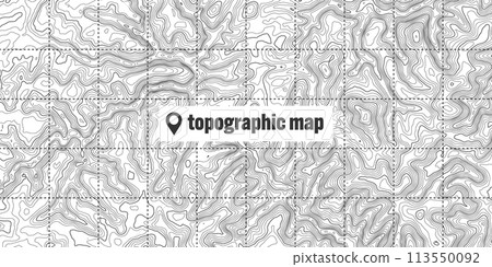 Topographic map with contour lines. Geographic terrain grid, relief height elevation. Ground path pattern. Travel and navigation, cartography design element. Vector illustration 113550092