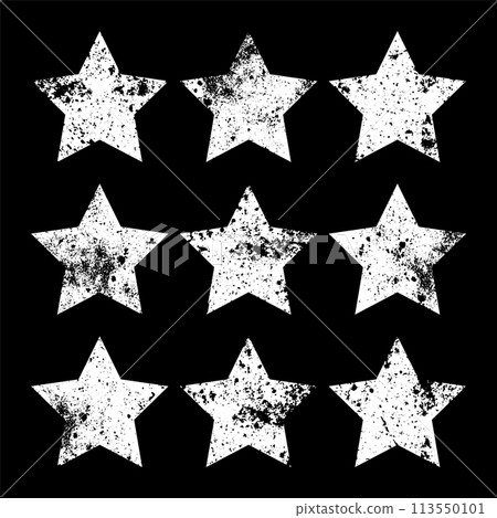 Vintage stars with cracks and stains. Old hand-drawn sign, white simple shape. Retro design element with distressed effect, grunge texture. Vector illustration 113550101