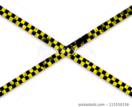 Old grunge barricade construction tape. Yellow police warning line, brightly colored danger or hazard stripe, ribbon. Restricted area, zone. Attention symbol. Vector illustration Old grunge barricade construction tape. Yellow police warning line, brightly colored danger or hazard stripe, ribbon. Restricted area, zone. Attention symbol. Vector illustration 113550136