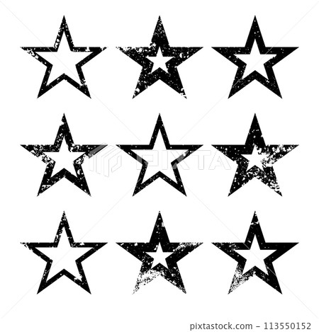 Vintage stars with cracks and stains. Old hand-drawn sign, black simple shape. Retro design element with distressed effect, grunge texture. Vector illustration Vintage stars with cracks and stains. Old hand-drawn sign, black simple shape. Retro design element with distressed effect, grunge texture. Vector illustration 113550152