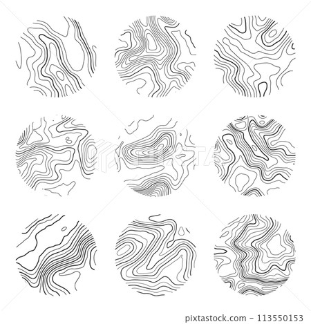 Topographic map with contour lines. Geographic terrain grid, relief height elevation. Ground path pattern. Travel and navigation, cartography design element. Vector illustration 113550153