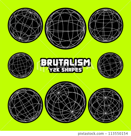 Wireframe shapes, lined sphere. Perspective mesh, 3d grid. Modern trendy low poly geometric elements. Retro futuristic design elements, y2k, vaporwave and synthwave style. Vector illustration Wireframe shapes, lined sphere. Perspective mesh, 3d grid. Modern trendy low poly geometric elements. Retro futuristic design elements, y2k, vaporwave and synthwave style. Vector illustration 113550154
