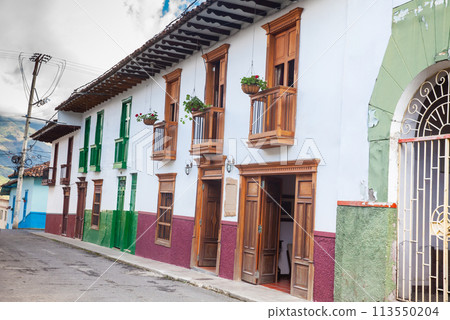 Beautiful streets at the historical downtown of the heritage town of Salamina located at the Caldas department in Colombia. 113550204