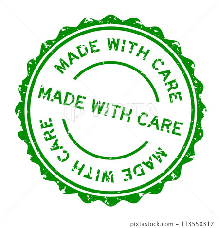 Grunge green made with care word round rubber seal stamp on white background 113550317