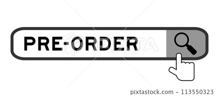 Search banner in word pre order with hand over magnifier icon on white background Search banner in word pre order with hand over magnifier icon on white background 113550323